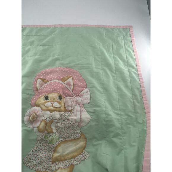 VTG Handmade Kitty Cat Blanket Pink Dress Bonnet Flowers 30x 40 Baby Quilt Gift - Picture 7 of 11
